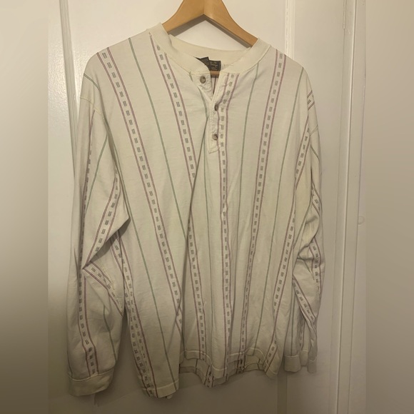 VINTAGE Eddie Bauer Long Sleeve Henley Shirt white red green stripe pattern - Picture 2 of 4
